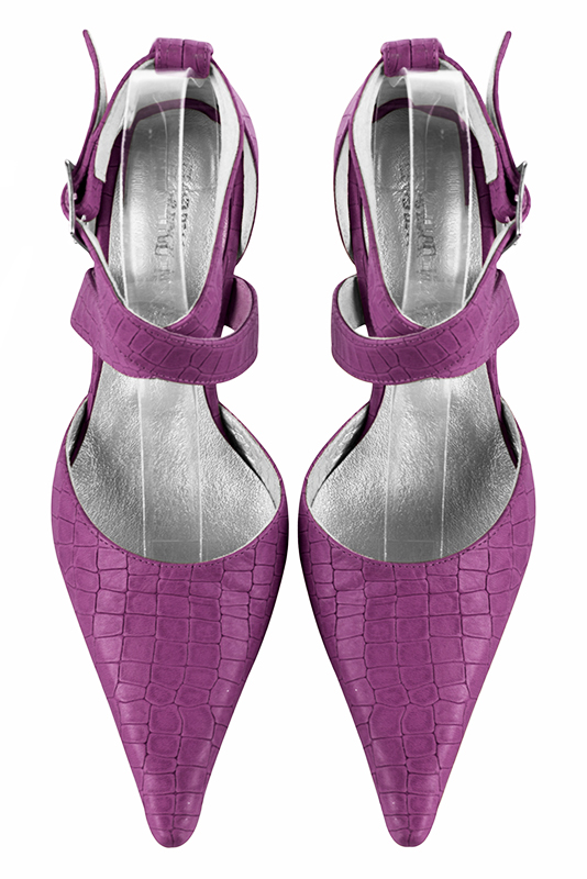 Mauve purple women's open side shoes, with crossed straps. Pointed toe. High slim heel. Top view - Florence KOOIJMAN
